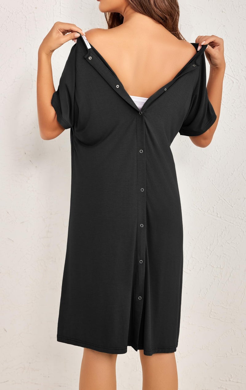 Ekouaer Womens, Nightgown Nightshirt, Short sleeve, Labor & Delivery Maternity button down nursing Gown for breastfeeding, Black, Large - Image 5